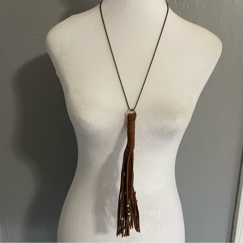 Southwest Tassel Pendant Necklace Faux Leather Turquoise Beaded Western Boho